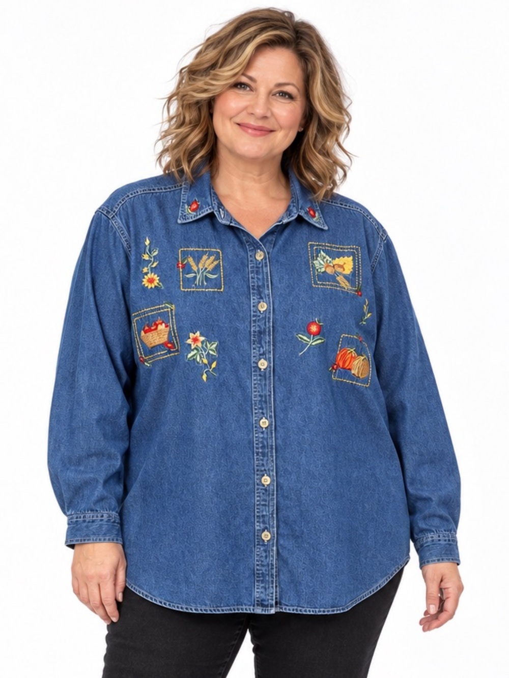 Vintage Bobbie Brooks Woman Fall Harvest Embroidered Denim Shirt 18W/20W